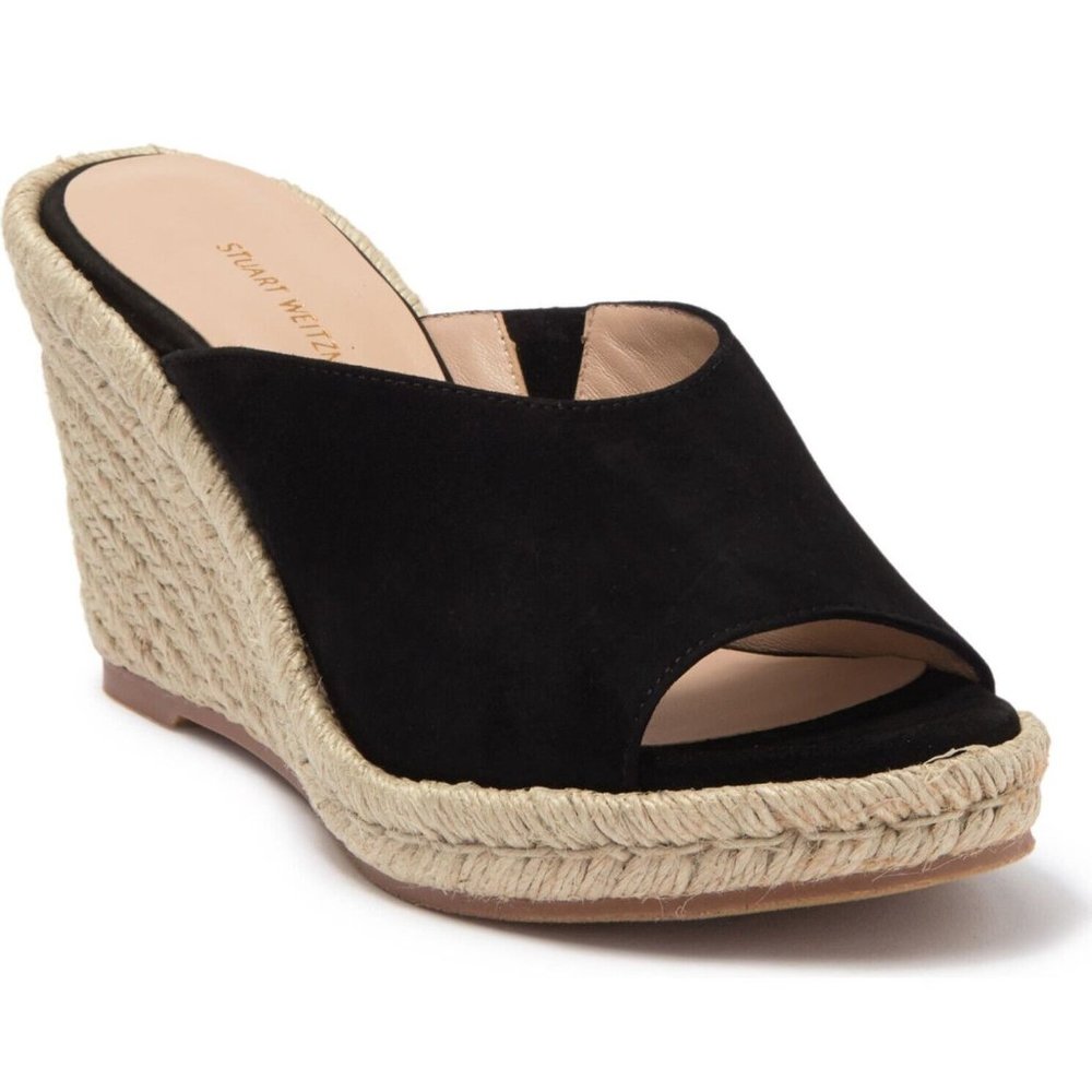 $450 Stuart Weitzman Wonda Espadrille Wedge Sandal BLACK SUEDE 7.5 (DA10)